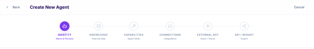 Sagy Agent Builder Flow showing Identity, Knowledge, and Capabilities steps