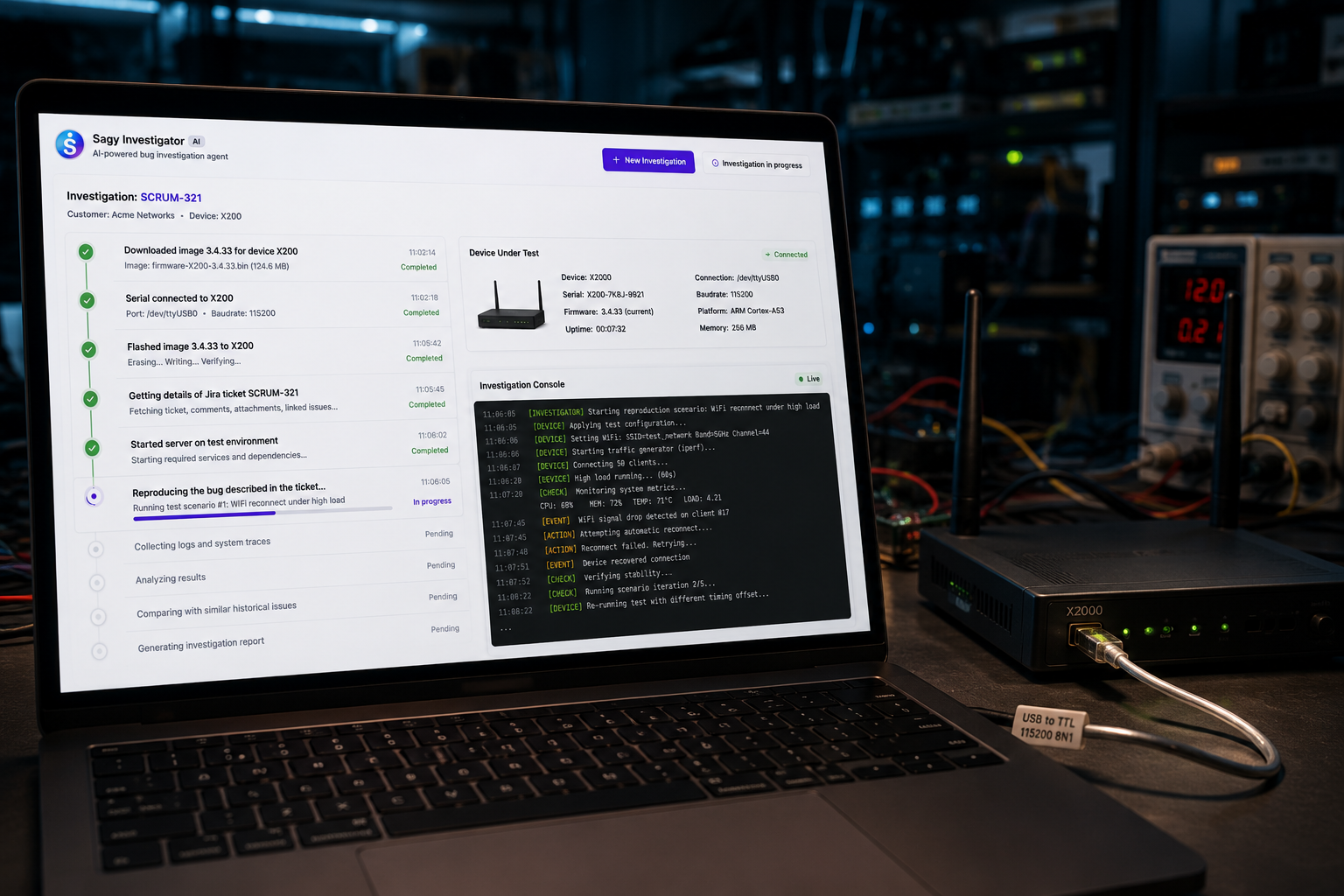 Sagy hardware investigation dashboard connected to an X2000 device