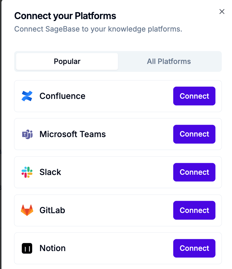 Connect your Platforms dialog